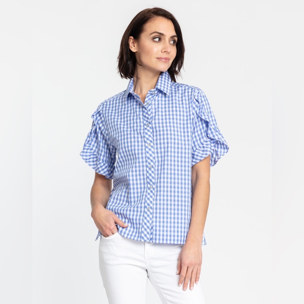 Hinson Wu Lulu Short Sleeve Classic Mini Gingham Shirt Blue White size Medium